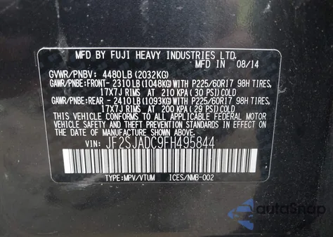 2015 Subaru Forester 2.5I Premium from USA, damaged, VIN JF2SJADC9FH495844